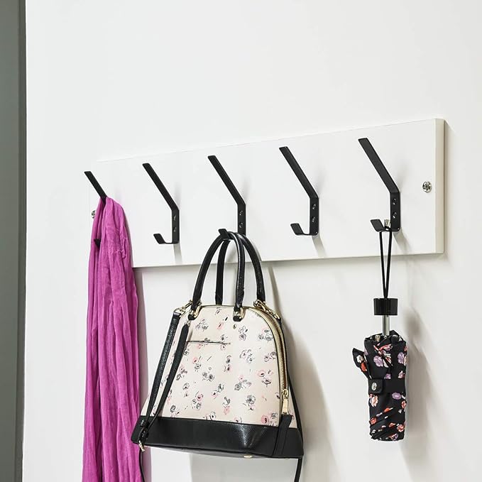Amazon Basics Wall Mounted Modern Metal Drywall Coat Hooks - Flat Black, 5-Pack | Modern, Drywall