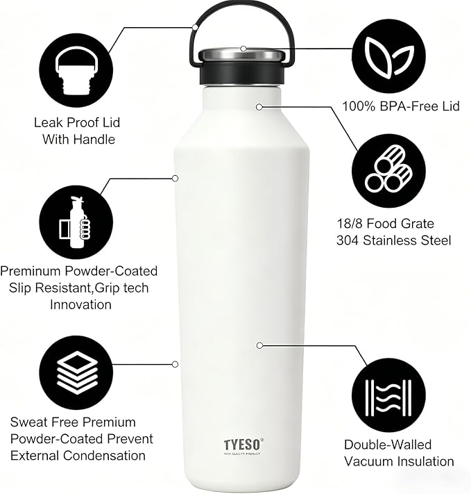 TYESO Stainless Steel Vacuum Insulated Water Bottle, Insulated Water Bottle with Soft Silicone Carry Handle (WHITE, 17 OZ)