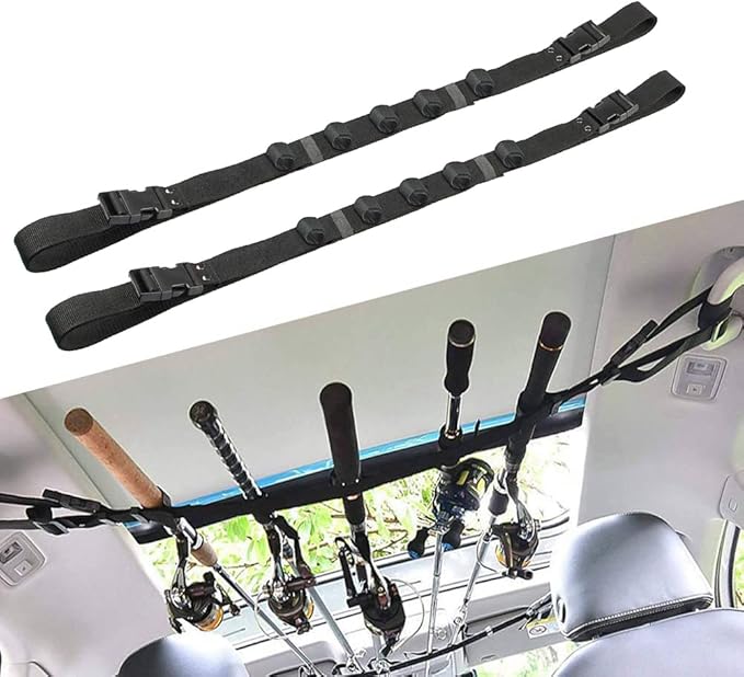 Aventik 2 Pack Car Fishing Rod Holder Adjustable Fishing Pole Holder Belt Straps, Vehicle With 4 Handle Fishing Pole Rack Fishing Rod Rack Carrier for Car SUV Van Truck(Black)