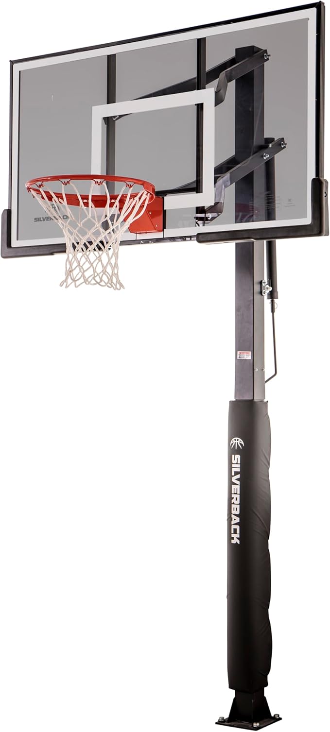 Silverback Height Adjustable In-Ground Basketball Hoop with Tempered Glass Backboard, Pro-Style Breakaway Rim & Backboard Pad