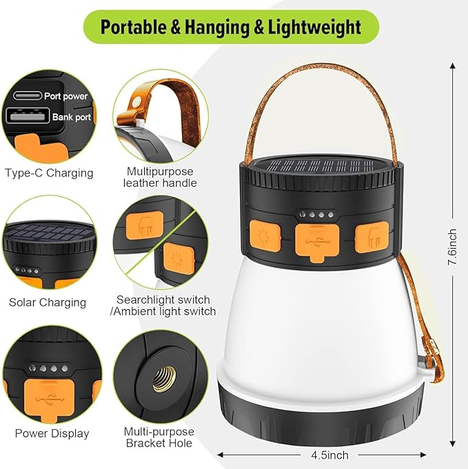 LEDキャンプランタン 1500ルーメン スポットライト懐中電灯 ソーラーパネル充電式 防水スポットライト 8点灯モード 7500mAh キャンプ用非常灯 オレンジ＆ブラウン