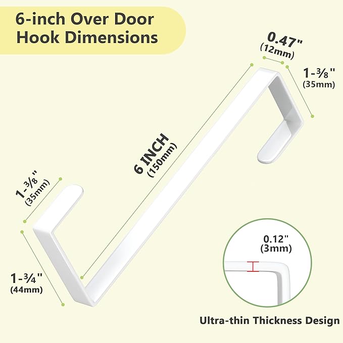 Updated 6" Over The Door Hooks(4 PCS) Fit Almost All Doors up to 1-3/4", Widen Metal Door Hanger for Hanging Towels, Clothes, Bags on Interior Door of Bathroom/ Closet/Bedroom/Pantry and Front Door