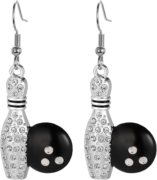 UNIFT Bowling Earrings for Women Alloy Chic Fashion Sports Style Bowling Ball with Diamonds Dangle Earrings Bowling Ball Lover Jewelry Gift, silver