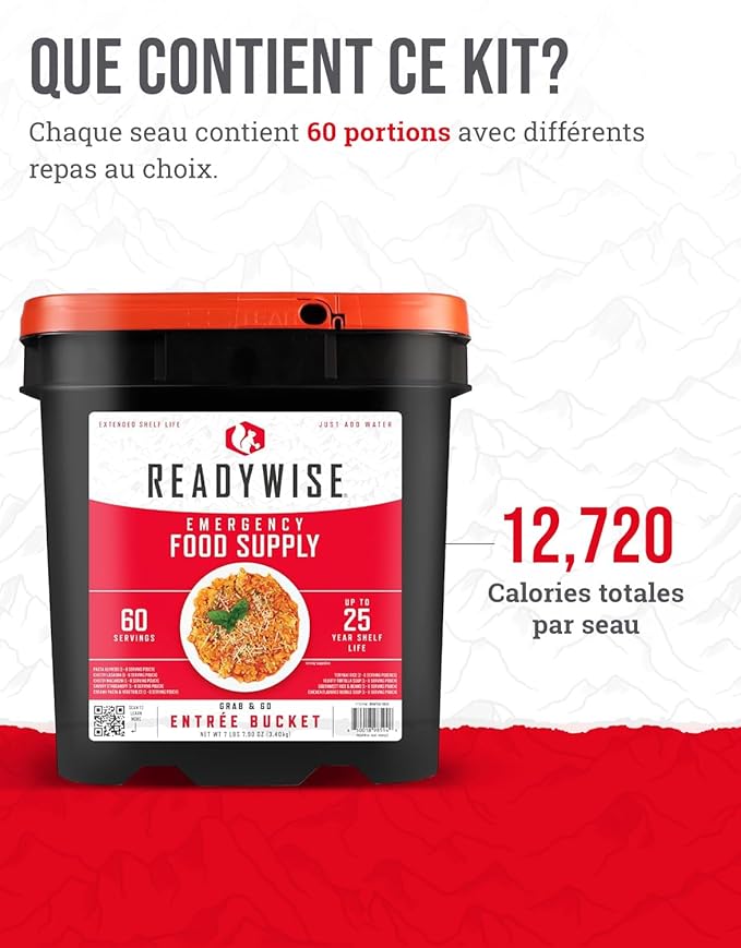 ReadyWise エントレバケツ - 60食分、サバイバルキット用非常食、タンパク質食、フリーズドライ食品、調理不要のキャンプ&ロードトリップ必需品、最大25年間保存可能