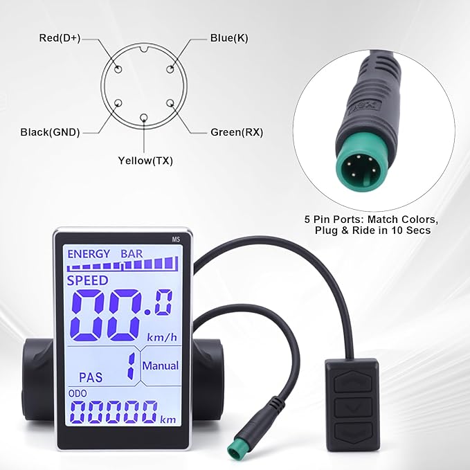 Bike Display LCD 5 Pin M5 Control Panel Bike Screen 24V 36V 48V 60V Universal Scooters Electric Meter Panel Bikes 22.2 31.8mm Handlebars Display to Enrich Cycling Journey (No. 2 Protocol)