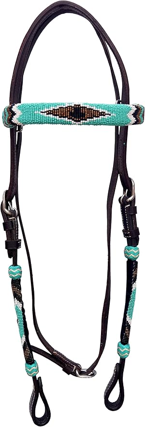 Western Horse Headstall Standard Size – Adjustable Hand Braided Genuine Leather Bridle with Rawhide Knotting, Stitched Accents & Multicolor Beads, Western Riding Tack, Light Brown