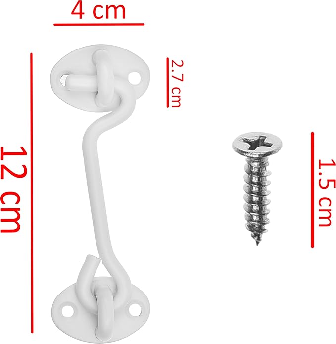 Eco-Fused 4-inch Heavy Duty Hook and Eye Latch - 1x Barn Door Lock (White), 4X Mounting Screws - Powder Coated Stainless Steel Hooks for Door, Windows, Sheds, Fences, Gates, Closets, Cabinets