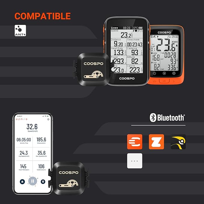COOSPO Cadence & Speed Sensor for Cycling, Wireless Bluetooth & ANT+ Bike RPM Sensor for Cycling Computers, Compatible with IP67 / Rouvy / Zwift / Peloton / Wahoo / CooSporide