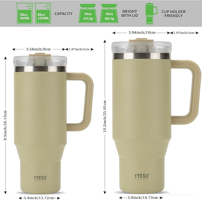 TYESO Vacuum Insulated Tumbler Water Bottle Cold Insulation Stainless Steel Bottle Straw Handle Mug Double Wall Wide Mouth (KHAKI, 40 oz)