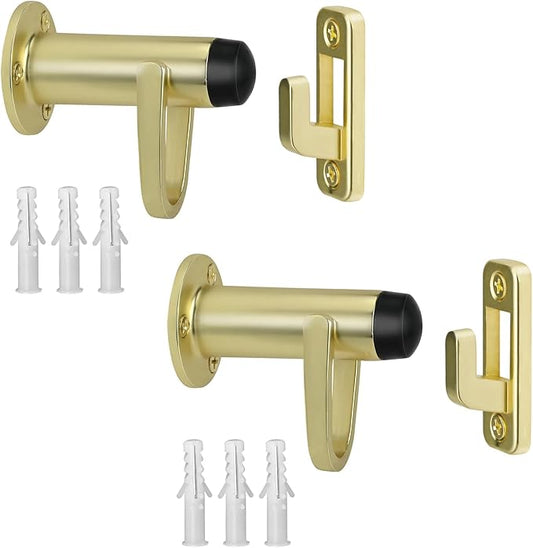 HOMOTEK 2 Pack Heavy Duty Door Stopper with Manual Hook Windproof,Door Holder Stop with Sound Dampening Rubber Bumper Wall Mounted, Brushed Brass