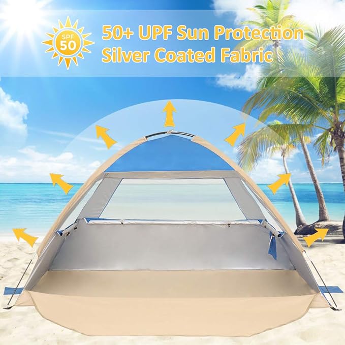Gorich Beach Tent Sun Shelter for 3/4/6/8/10 Person with UPF 50＋ UV Protection, Lightweight & Easy Setup Beach Shade Canopy, Portable Beach Shade Tent Beach Cabana