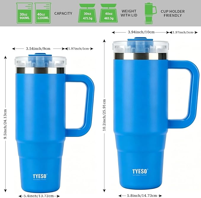 TYESO Vacuum Insulated Tumbler Water Bottle Cold Insulation Stainless Steel Bottle Straw Handle Mug Double Wall Wide Mouth (KLEIN BLUE, 40 oz)