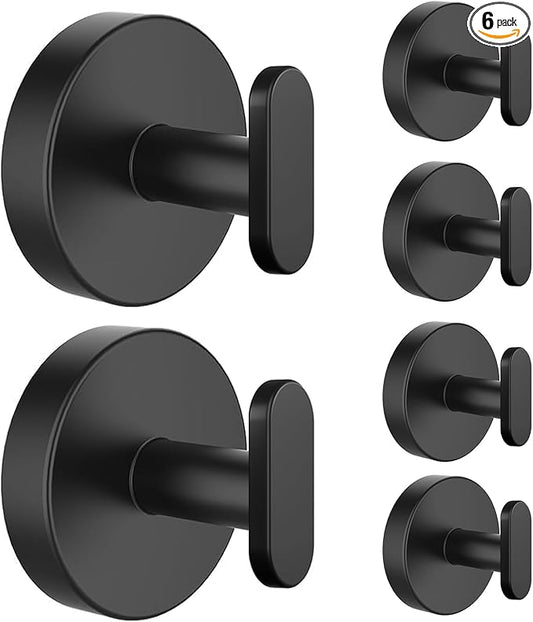 Suction Cup Hooks for Shower, Removable Towel Hooks for Bathroom, Kitchen, Glass Door, Mirror, Tile – Loofah, Towel, Coat, Bath Robe Hook for Hanging, Black 6 Pack