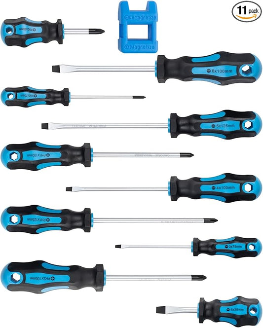 ROTATION 11-Piece Magnetic Screwdriver Set, 5 Phillips & 5 Slotted Tips, Include Magnetizer, Screwdriver with Professional Non-Slip Grip, for Home Repair and DIY Projects