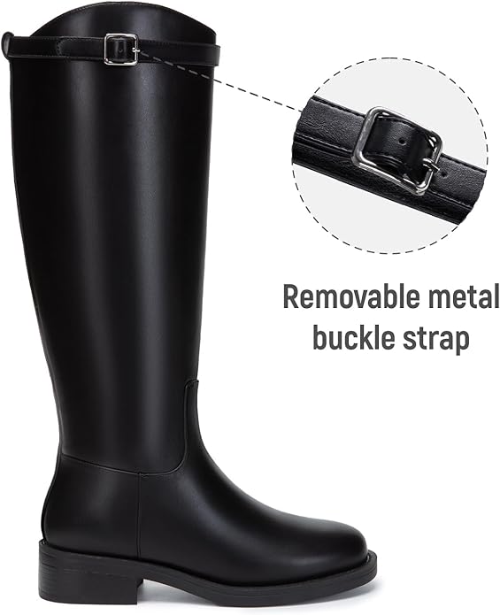 Athlefit Women's Knee High Riding Boots Round Toe Low Heel Tall Boots Pull On Long Booties with Buckle