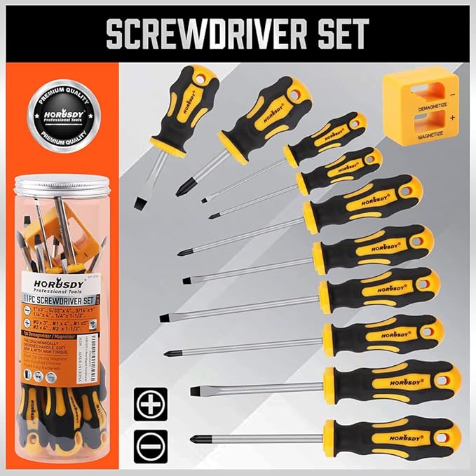 HORUSDY 11-Pieces Magnetic Screw driver, Magnetic 5 Phillips and 5 Flat Head Tips for Fastening and Loosening Seized