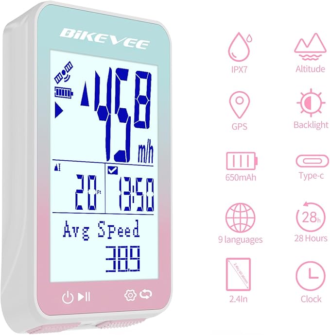 GPS Bike Computer Wireless Bicycle Speedometer Odometer 9 Languages Auto Backlight Auto Start Stop IPX7 Waterproof 2.4 Inch LCD Supports MPH KMH