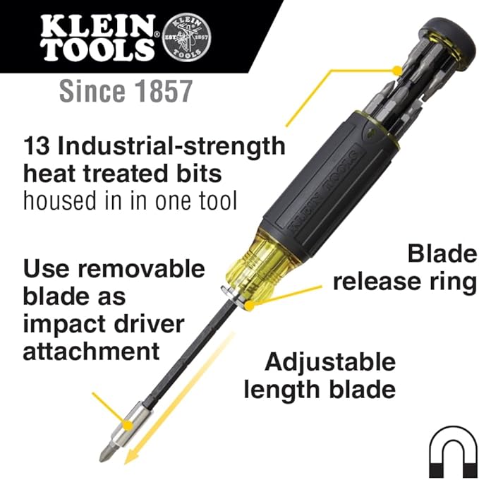 Klein Tools 32303 Multi-Bit Screwdriver / Nut Driver, Impact Rated 14-in-1 Magnetic Screwdriver Set Phillips, Slotted, Square, Combo, Torx
