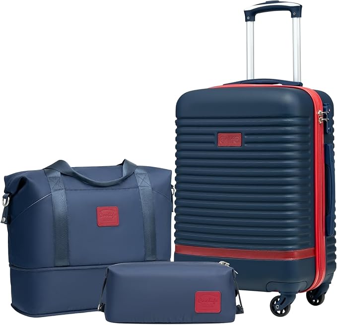 Coolife スーツケースセット 3ピース 荷物セット 機内持ち込み 旅行用荷物 TSAロック スピナーホイール ハードシェル 軽量荷物セット(ネイビー+レッド, 3点セット (DB/TB/20))