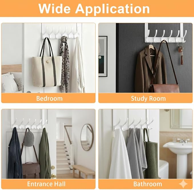 Large Over The Door Hooks, Sturdy Door Hanger with 12 Hooks, Door Towel Rack for Bathroom, Bedroom, Kitchen, Coat Rack for Hanging, Easy to Install (White)