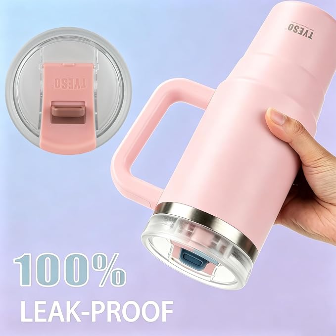 TYESO Vacuum Insulated Tumbler Water Bottle Cold Insulation Stainless Steel Bottle Straw Handle Mug Double Wall Wide Mouth (PINK, 40 oz)
