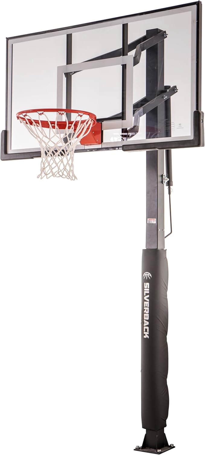 Silverback Height Adjustable In-Ground Basketball Hoop with Tempered Glass Backboard, Pro-Style Breakaway Rim & Backboard Pad
