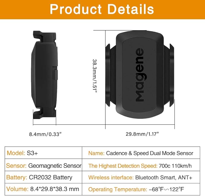Magene Outdoor/Indoor Speed/Cadence Sensor for Cycling, Wireless Bluetooth/Ant+ Bike Computer RPM Sensor for Road Bike or Spinning Bike and Trainers Compatible with Onelap, Wahoo Fitness, Zwift