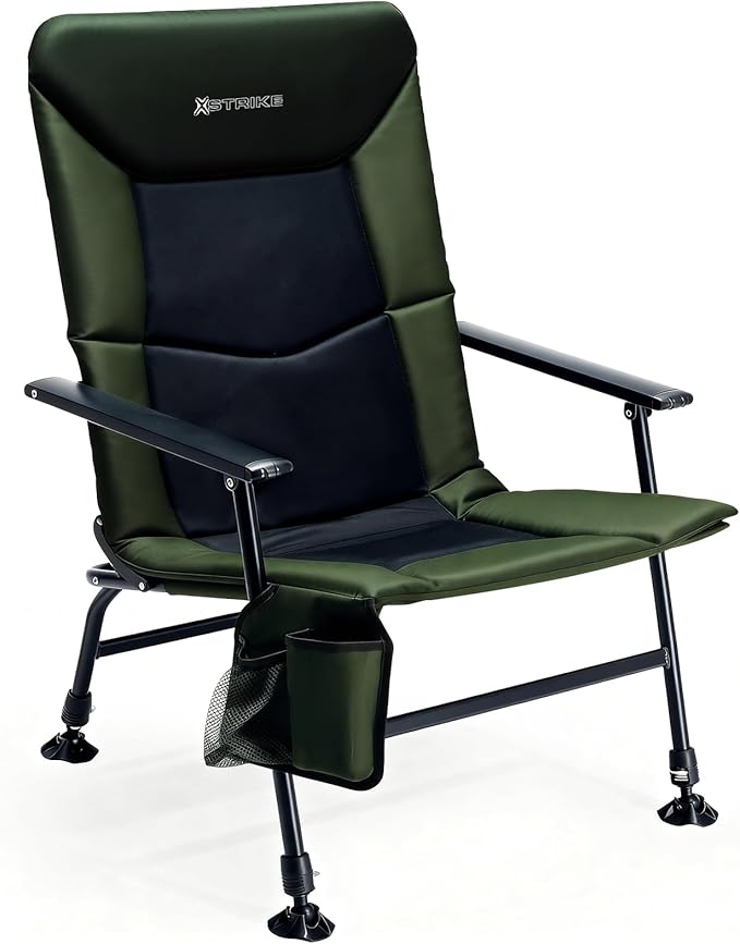 X Strike Oversized Folding Fishing Chair with Rod Holder Heavy Duty 350LBS, Feet Adjustable Padded Camping Chair with Cup Holder Side Pocket Hard Armrest