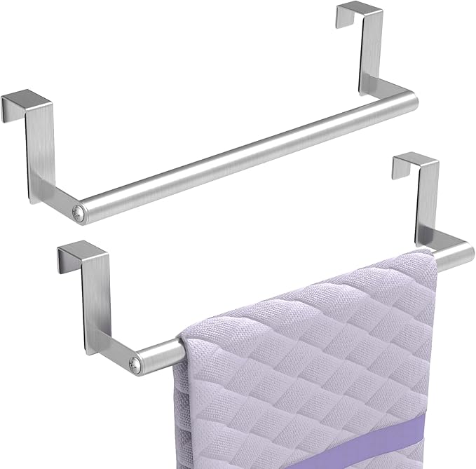 Over The Door Towel Rack, Kitchen Towel Holder Over Cabinet Door Towel Bar Stainless Steel for Cupboard for Kitchen Dish Towel Holder Hanger, 2 Pack (Brushed Nickel)