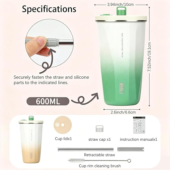 TYESO Stainless Steel Coffee Bottle, 20oz Wide Mouth Travel Coffee Cup with Straw, Vacuum Insulated Stainless Steel Tumbler, Hot & Cold Thermal Mug for Home Office Outdoor, Green