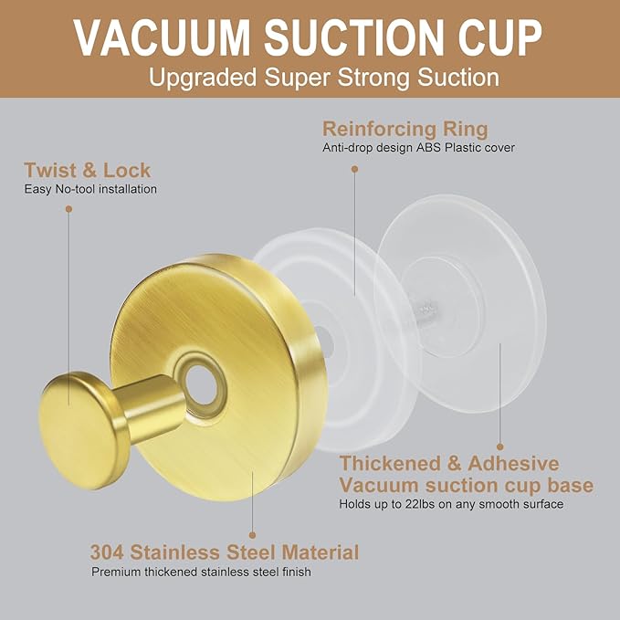 ZESLMG Gold Suction Cup Hooks for Glass Window, Shower Hook for Inside Shower, Removable Towel Hooks for Bathroom Kitchen Wall Glass Door, Wreaths Loofah Suction Hook for Hanging, 2 Pack