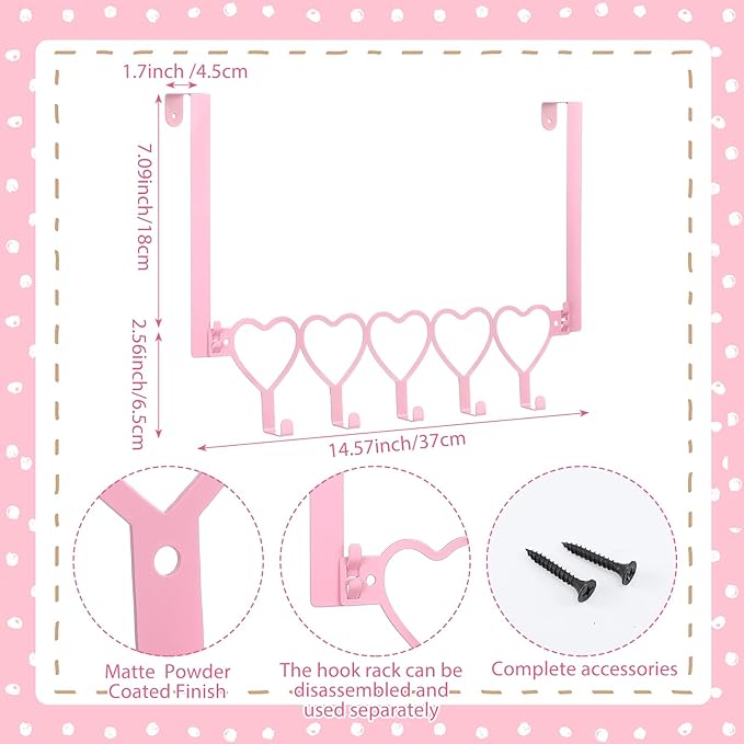 Pink Heart Over The Door Hooks Hanger Wall Mount Towel Hanger Door Holder Organizer 5 Hooks Kawaii Farmhouse Rustic Coquettish Style Decor for Bedroom Bathroom Towel Hat Clothes