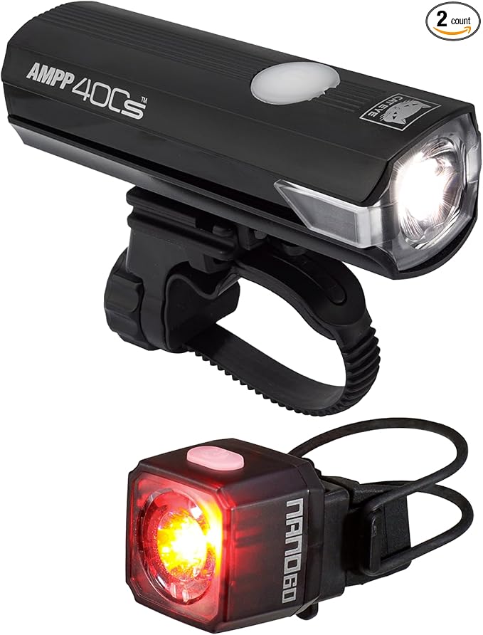CATEYE AMPP400S & NANO60 Bike Light Set – USB-C 400 Lumen Headlight & 60 Lumen Tail Light with OptiCube™ Lens, Daytime Hyperflash, 360º Visibility, 5 Light Modes, Fits Road, Urban, MTB & Gravel Bikes
