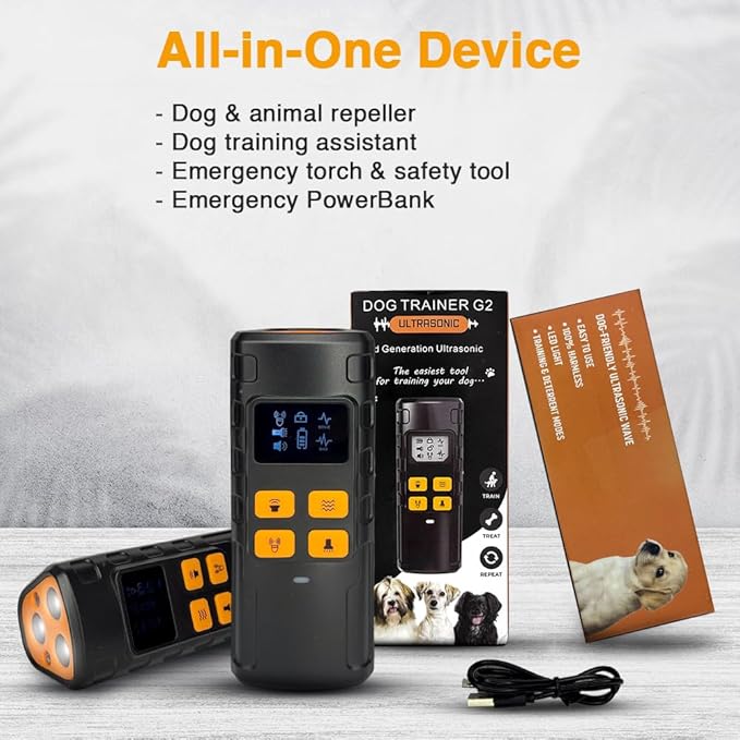 Superious Dog Bark Deterrent Device 4-in-1 Ultrasonic Anti Barking Control, 3X Ultrasonic Power, 6 Training Modes, 60FT Range, Indoor Outdoor, Rechargeable, IPX6 Waterproof, Compact with Flashlight