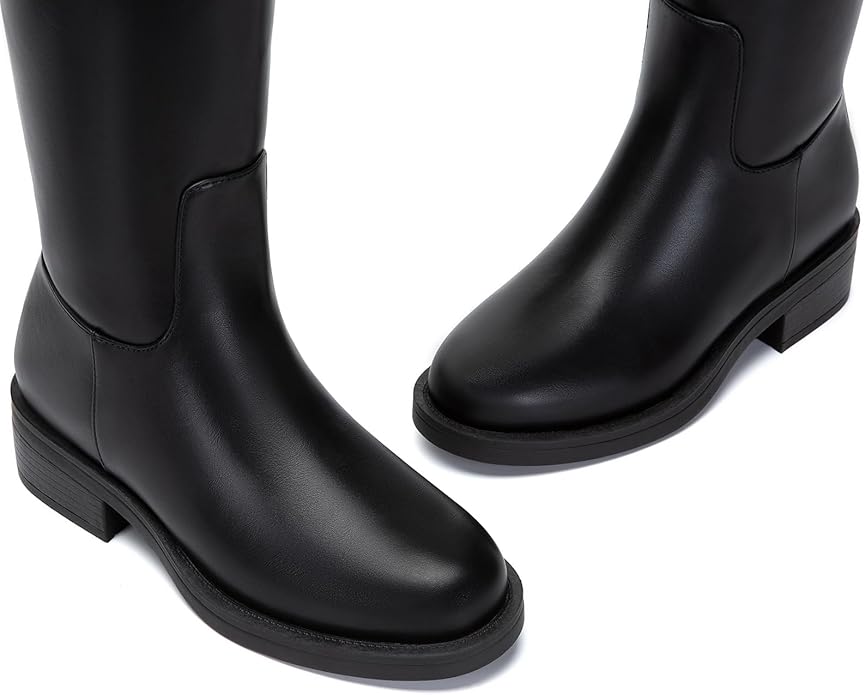 Athlefit Women's Knee High Riding Boots Round Toe Low Heel Tall Boots Pull On Long Booties with Buckle