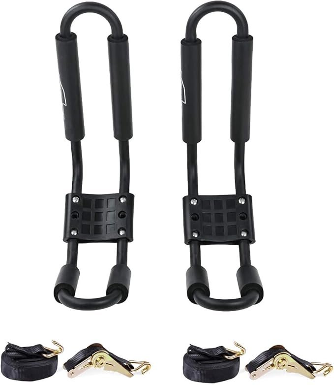 J-Bar Rack Roof Top Mount with 16 Ft Ratchet Lashing Straps, Folding Carrier for Your Canoe, SUP and Kayaks on SUV Car Truck