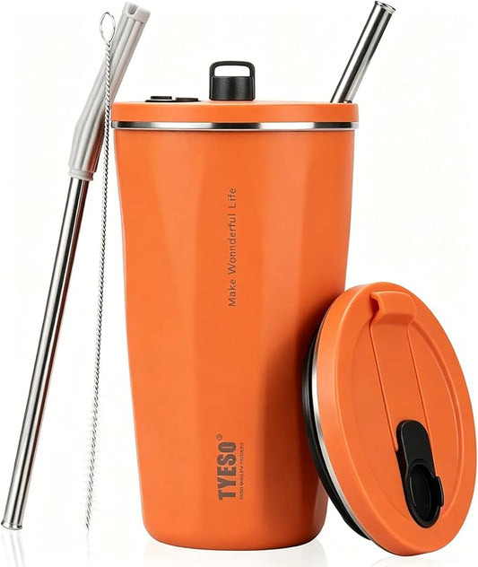 TYESO Stainless Steel Tumbler with straw inside Stainless steel wide-mouth vacuum insulation home office outdoor multi-color thermal and cold insulation cover with 20oz (Orange, 20 oz)