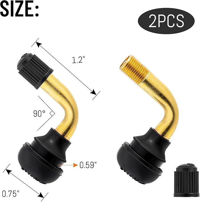 2-Pcs PVR50 Valve Stem Bent 90 Degree Angled, Brass Stem, Snap-in Rubber Base, Compatible with Most Tubeless Tire Rim, Motorcycle Scooter ATV (Applicable Diameter 8.8mm)