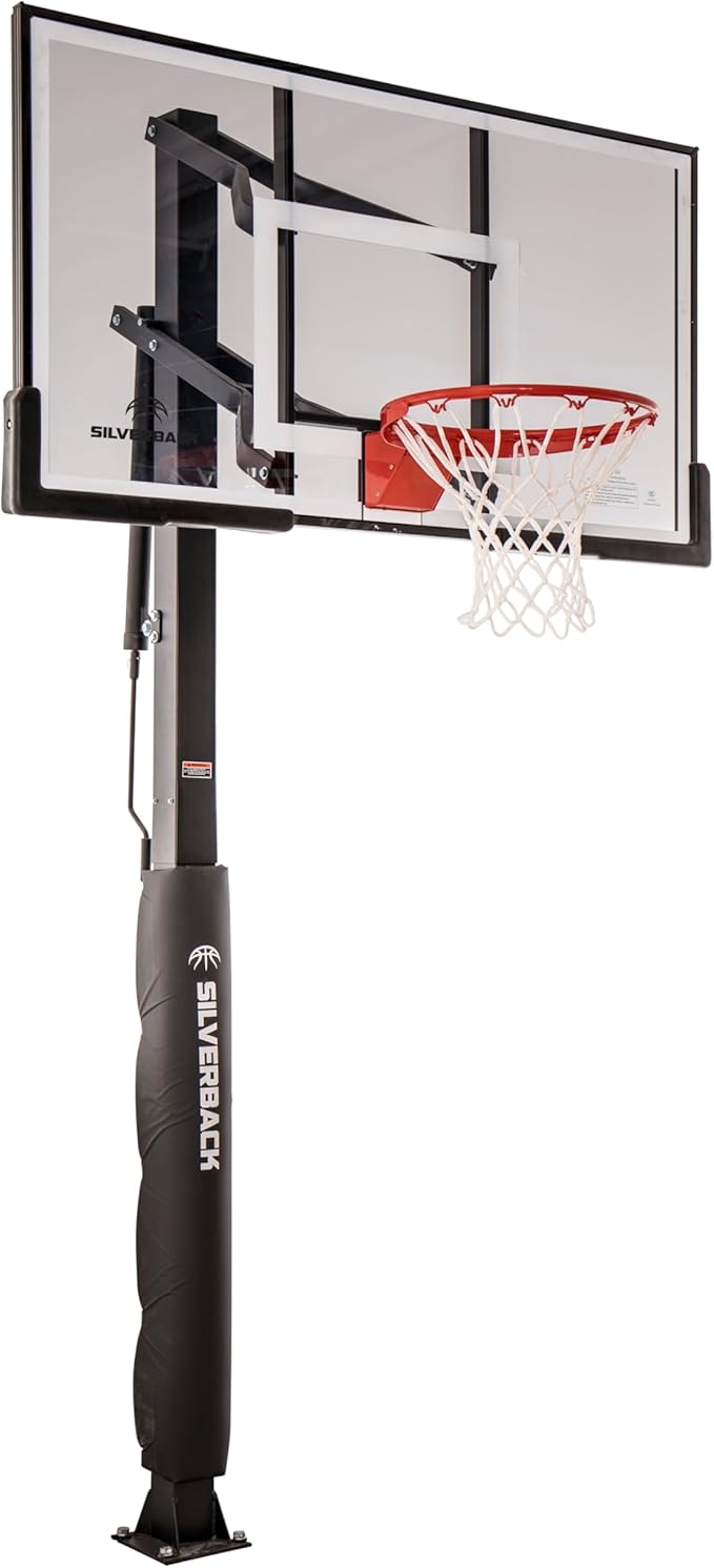 Silverback Height Adjustable In-Ground Basketball Hoop with Tempered Glass Backboard, Pro-Style Breakaway Rim & Backboard Pad