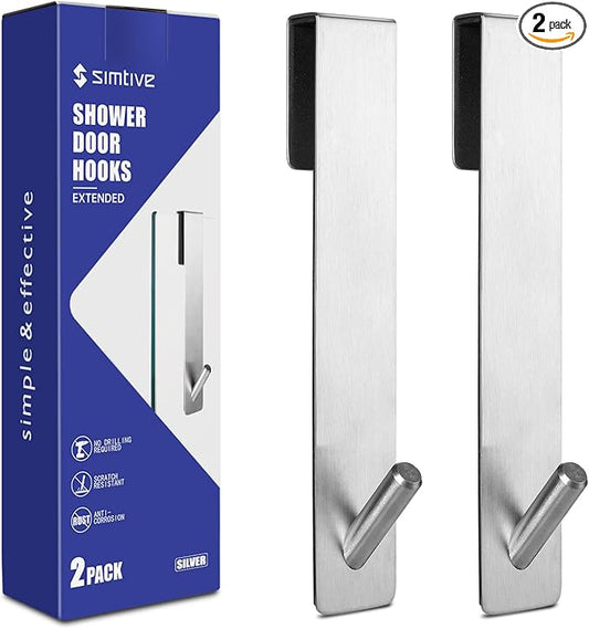 Simtive Extended (7-Inch) Over Door Hooks for Bathroom Frameless Glass Shower Door, Towel Hooks, 2-Pack, Silver