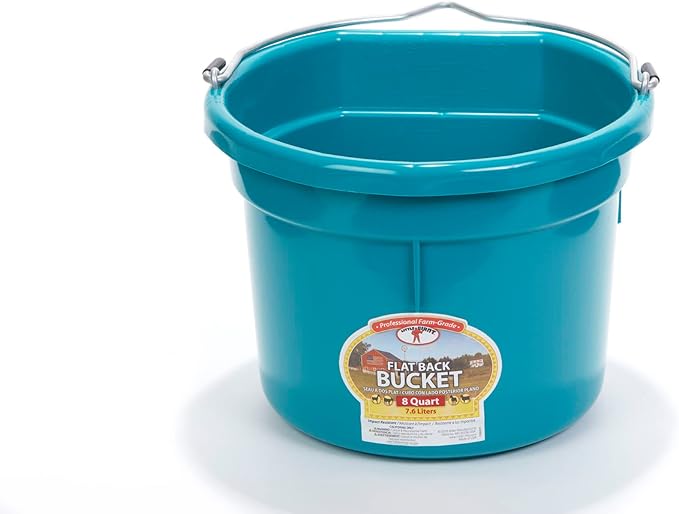 Little Giant® Flat Back Plastic Animal Feed Bucket | Animal Feed Bucket with Metal Handle | Horse Stall Feeding and Watering Supplies (Teal, 8 Quart)