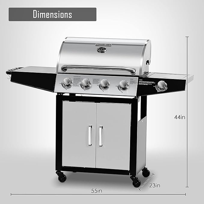 MASTER COOK 4+1 Burners Gas Grill, 518 Sq.in.Cooking Area, 52,000 BTU Propane Grill with Side Burner, Stainless Steel Cabinet Grill, Silver & Black