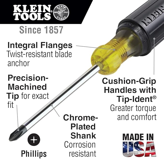 Klein Tools 85742 Screwdriver Set, Made in USA, 3/16 Cabinet and #2 Phillips Precision Machined Tips, Cushion-Grip Handles, Round Shank, 2-Piece