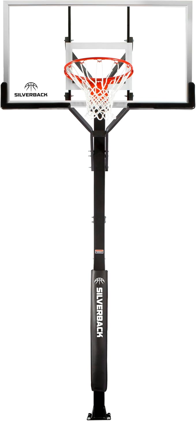 Silverback Height Adjustable In-Ground Basketball Hoop with Tempered Glass Backboard, Pro-Style Breakaway Rim & Backboard Pad