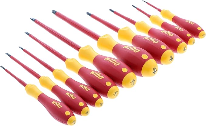 Wiha 32093 Slotted and Phillips Insulated Screwdriver Set, 1000V, 10-Piece, Slotted 2.0–6.5mm, Phillips #0–#3