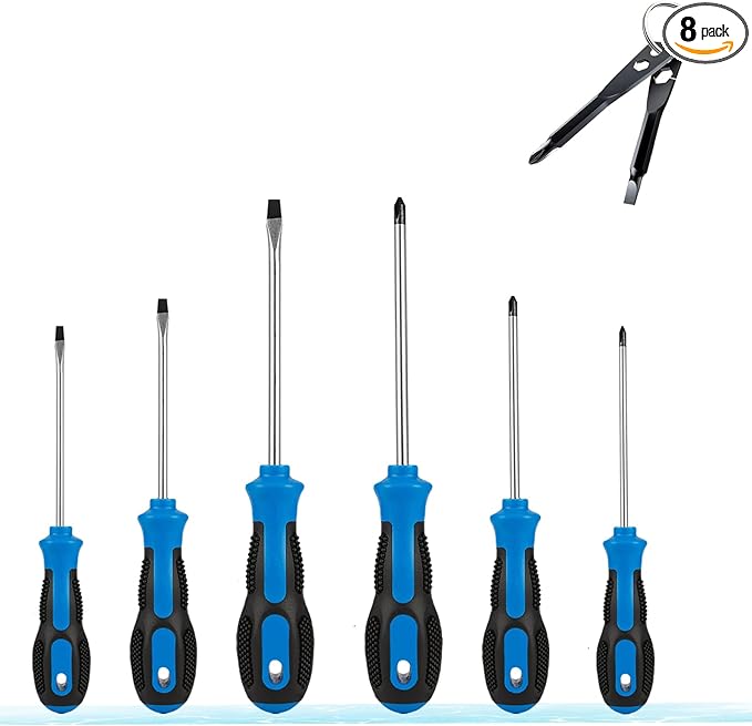 Screwdriver Set : 6-Piece Magnetic Screwdriver Set with 4-in-1 Keychain Tool | Includes Phillips & Flat Head | Non-Slip Grip for DIY & Home Repair | Practical Gift (Blue & Black)