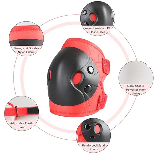 Cockchafer Kids and Youth Knee Elbow Wrist Guards Protective Gear Set for Skateboarding, Roller Skating, Inline Skating, Scooter Riding, BMX Biking (Red, Medium)
