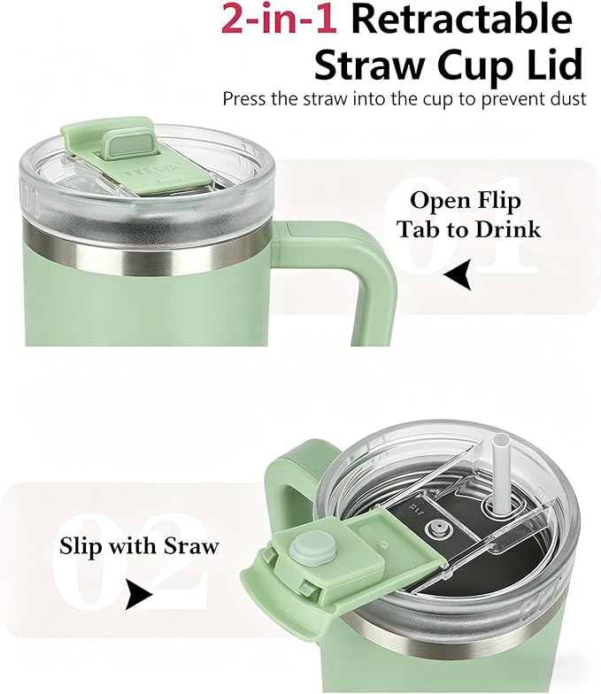 TYESO Vacuum Insulated Tumbler Water Bottle Cold Insulation Stainless Steel Bottle Straw Handle Mug Double Wall Wide Mouth (LIGHT GREEN, 40 oz)