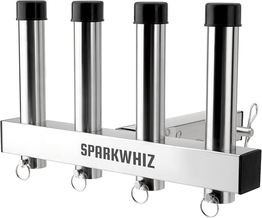 SPARKWHIZ ヒッチ釣り竿ホルダー、ステンレススチール製ヒッチマウントロッドホルダー、クイックリリースピン付き2インチヒッチレシーバー用4リンケージチューブ、トラック調整釣り竿ラック、釣り竿ホルダー