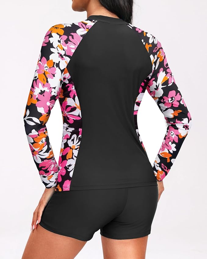 Holipick Long Sleeve Swimsuits for Women - 3 Piece Rash Guard with Shorts Zipper SPF Swim Shirt with Built in Bra